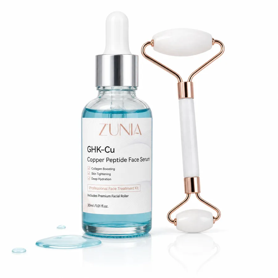 ZÚNIA GHK-Cu copper peptide face serum bottle next to a white dual-stone facial roller with rose gold frame