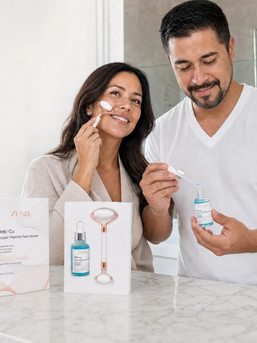 A smiling woman uses the ZÚNIA facial roller while a man holds the serum dropper in a bright bathroom