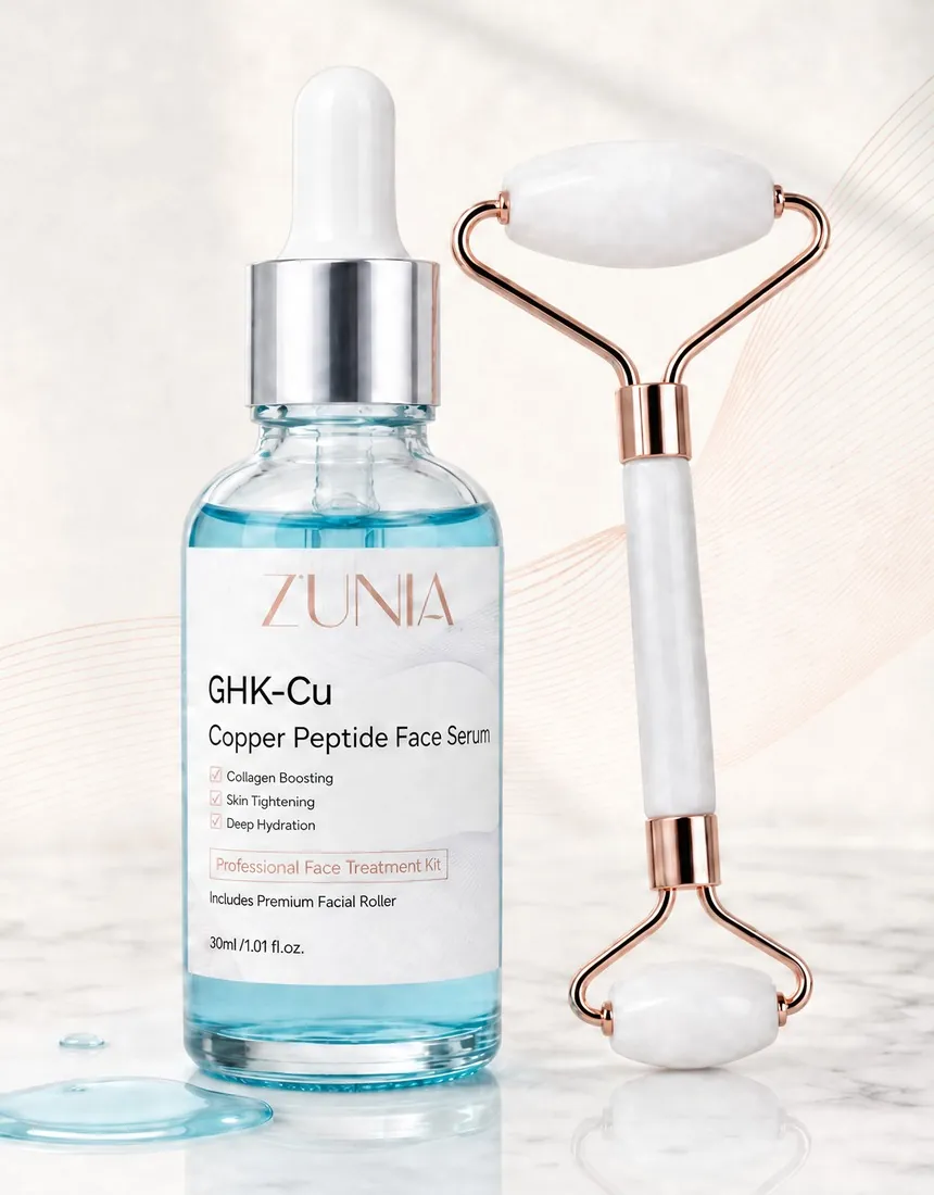 ZÚNIA face serum bottle and white stone facial roller on a white marble surface