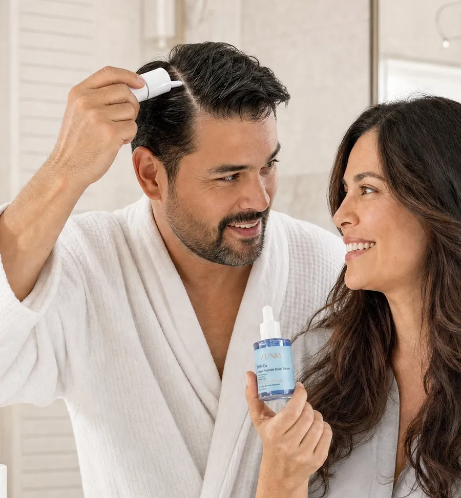 A man applies ZÚNIA scalp serum along his part while a smiling woman holds the bottle