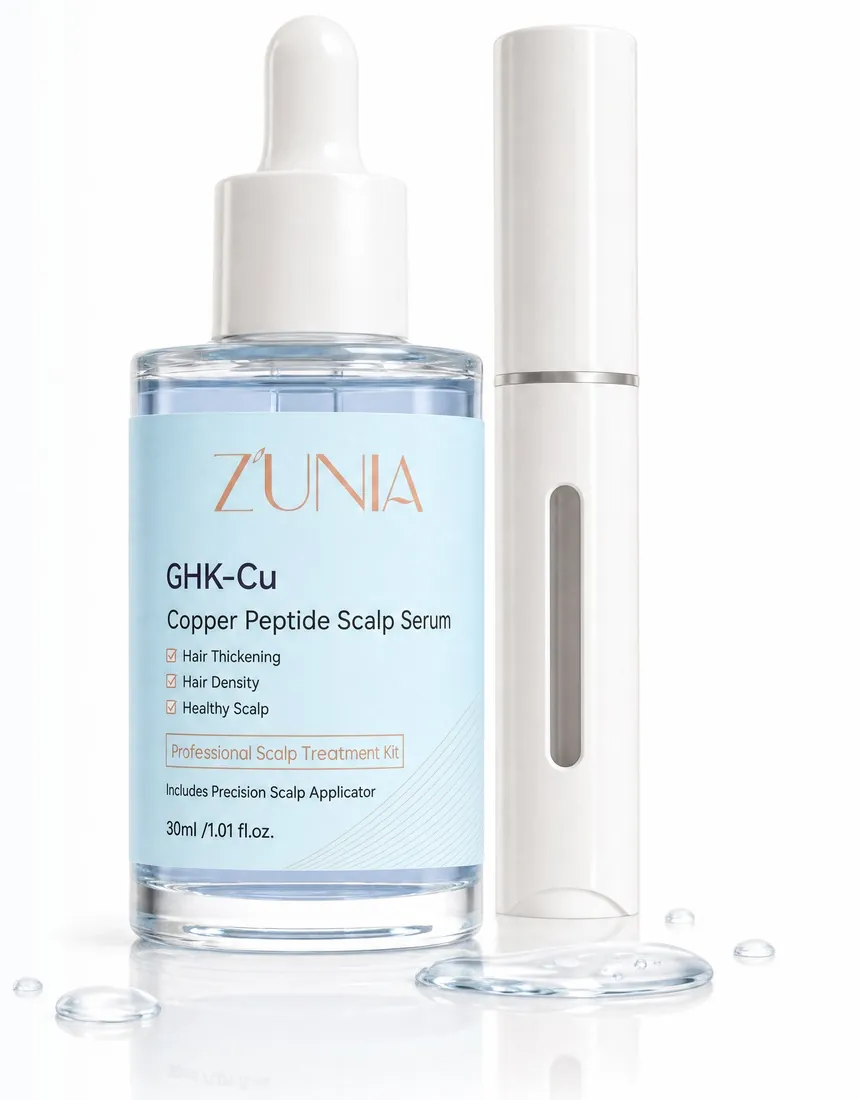 ZÚNIA scalp serum bottle and precision applicator on a light surface