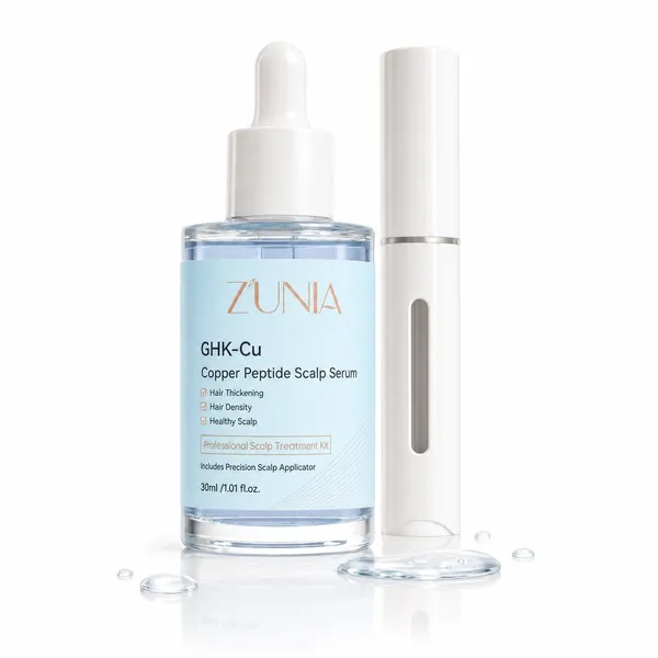 ZÚNIA scalp serum bottle with the white precision scalp applicator and its viewing window